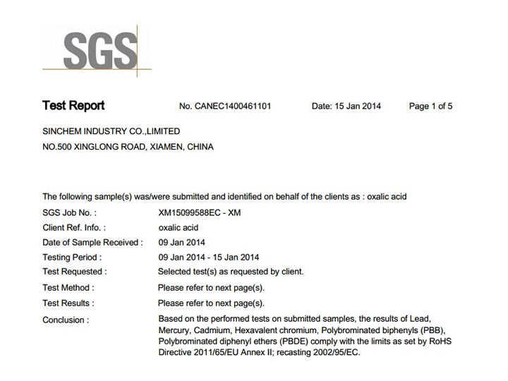 Oxalic acid products obtained SGS certification on 